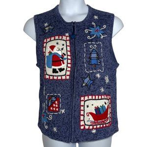 Bobbie Brooks Santa Christmas Sleigh Snowflakes Cardigan Sweater Vest L 12/14